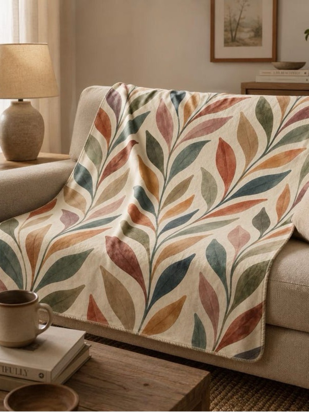 Botanical Leaf Pattern Throw Blanket - Multicolor